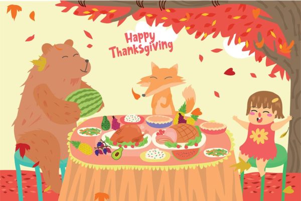 感恩节庆祝场景手绘矢量插画设计素材 Happy Thanksgiving – Vector Illustration