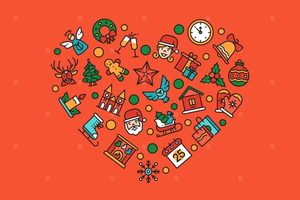 圣诞节符号图标组合心形矢量设计素材 Christmas accessories – linear illustration