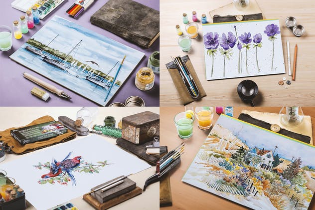 水彩颜料艺术插画样机 Watercolor Paint Mock Up插图(1)