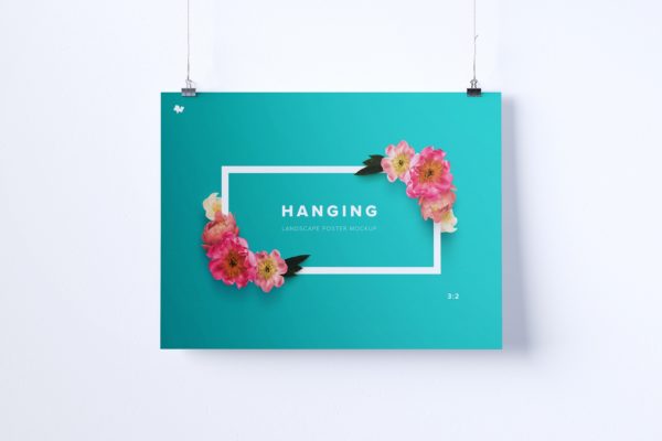 海报设计悬挂效果预览样机模板 3:2 landscape hanging poster mockup