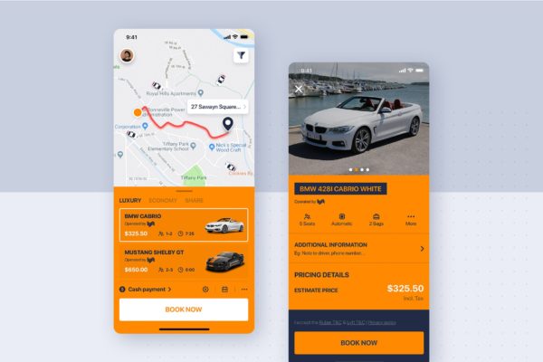 类滴滴打车APP应用车主详情界面设计模板 Car rental mobile UI Kit – Car Details