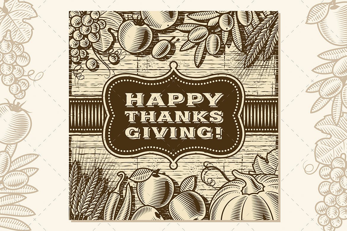 复古设计风格感恩节贺卡设计模板 Vintage Happy Thanksgiving Card Brown插图