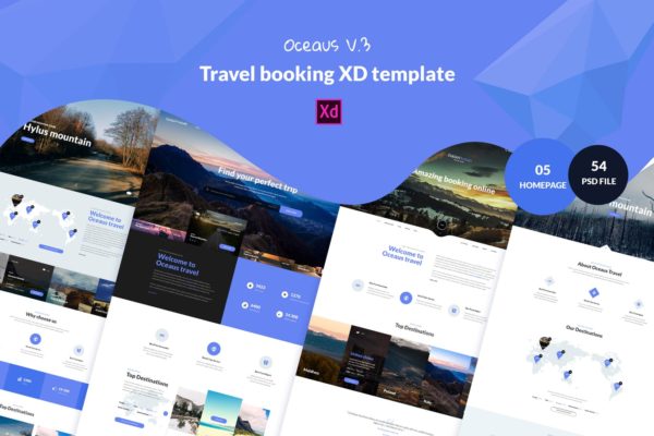 旅行&amp;酒店预定网站设计XD模板 OCEAUS V3 -Travel &amp; hotel Booking XD Template