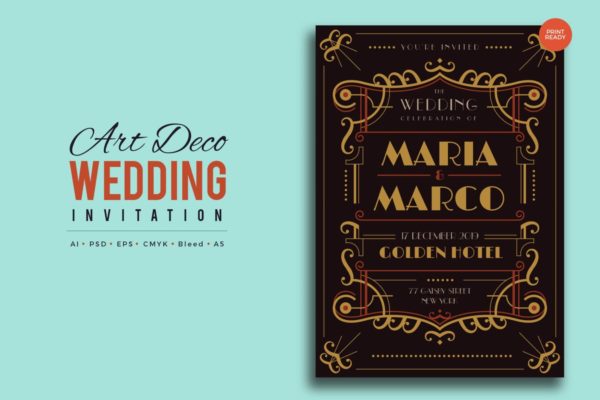 复古装饰风格婚礼婚宴邀请函PSD设计模板v7 Art Deco Wedding Invitation PSD And Vector Vol.7