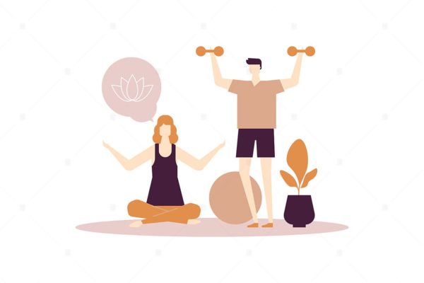 扁平设计风格家庭健身场景矢量插画 Home fitness – flat design style illustration