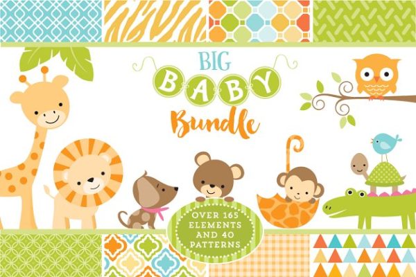 婴儿主题矢量插画&amp;纹理 Baby Bundle of Graphics &amp; Patterns