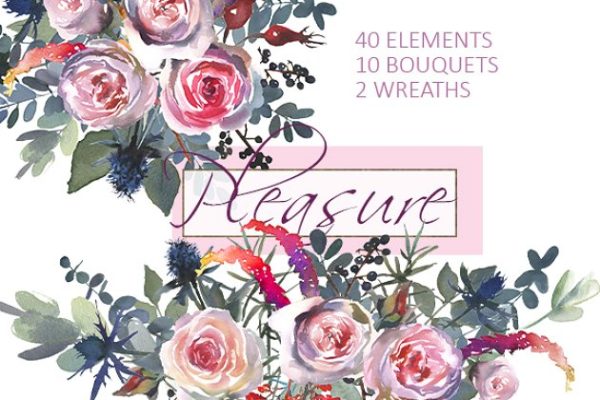 粉红玫瑰/蓝蓟水彩剪贴画 Pink Roses Blue Thistle Clipart