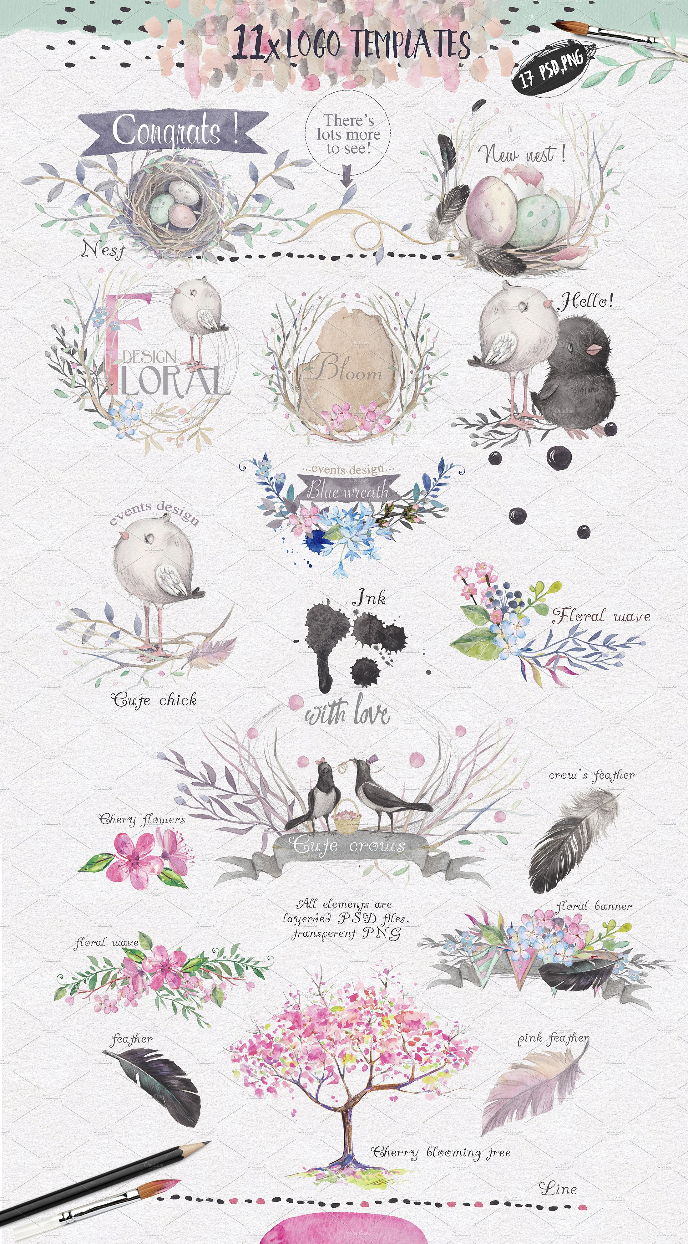 艺术收藏“春乌鸦”水彩素材包下载插图(6)