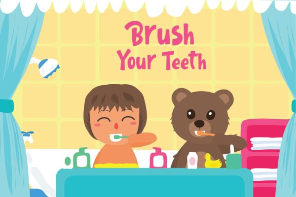 儿童爱牙护牙爱牙日主题矢量插画素材 Brush Teeth – Vector Illustration