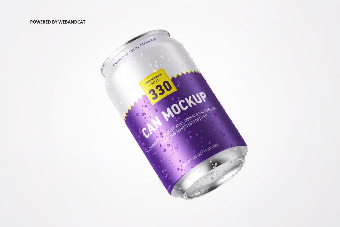 330ml容量规格易拉罐外观设计样机模板 330ml Can Mockup with Water Droplets插图(5)