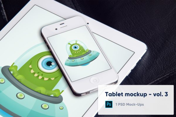 黑色皮套上的iPhone&amp;iPad平板电脑素材库精选样机模板v3 Tablet Mockup on Black Leather Background – Vol. 3