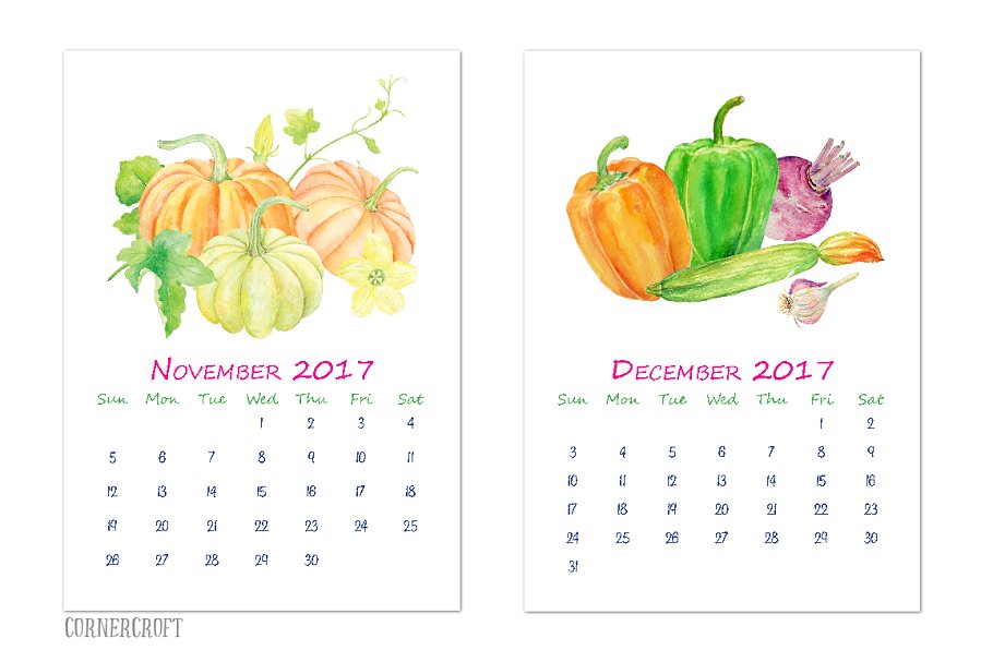 特色水彩瓜果蔬菜年历模板 Watercolor Vegetable Calendar插图(1)