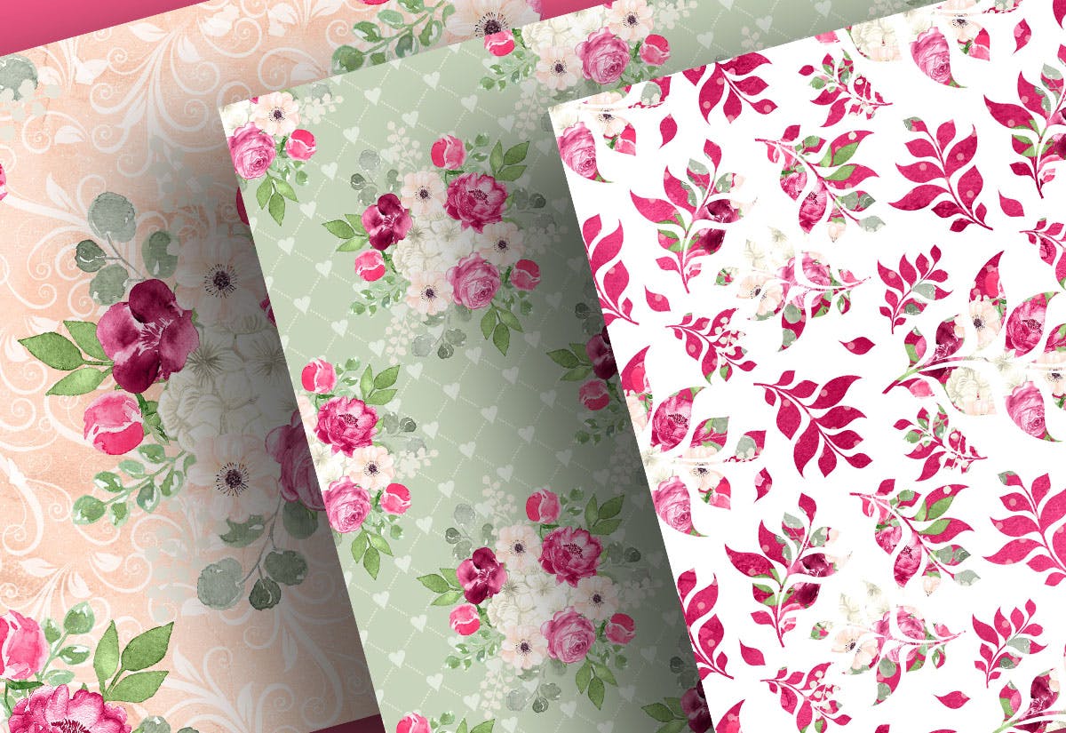 紫红色&绿色水彩手绘图案数码纸张设计素材 Watercolor Fuchsia And Green digital paper pack插图(4)