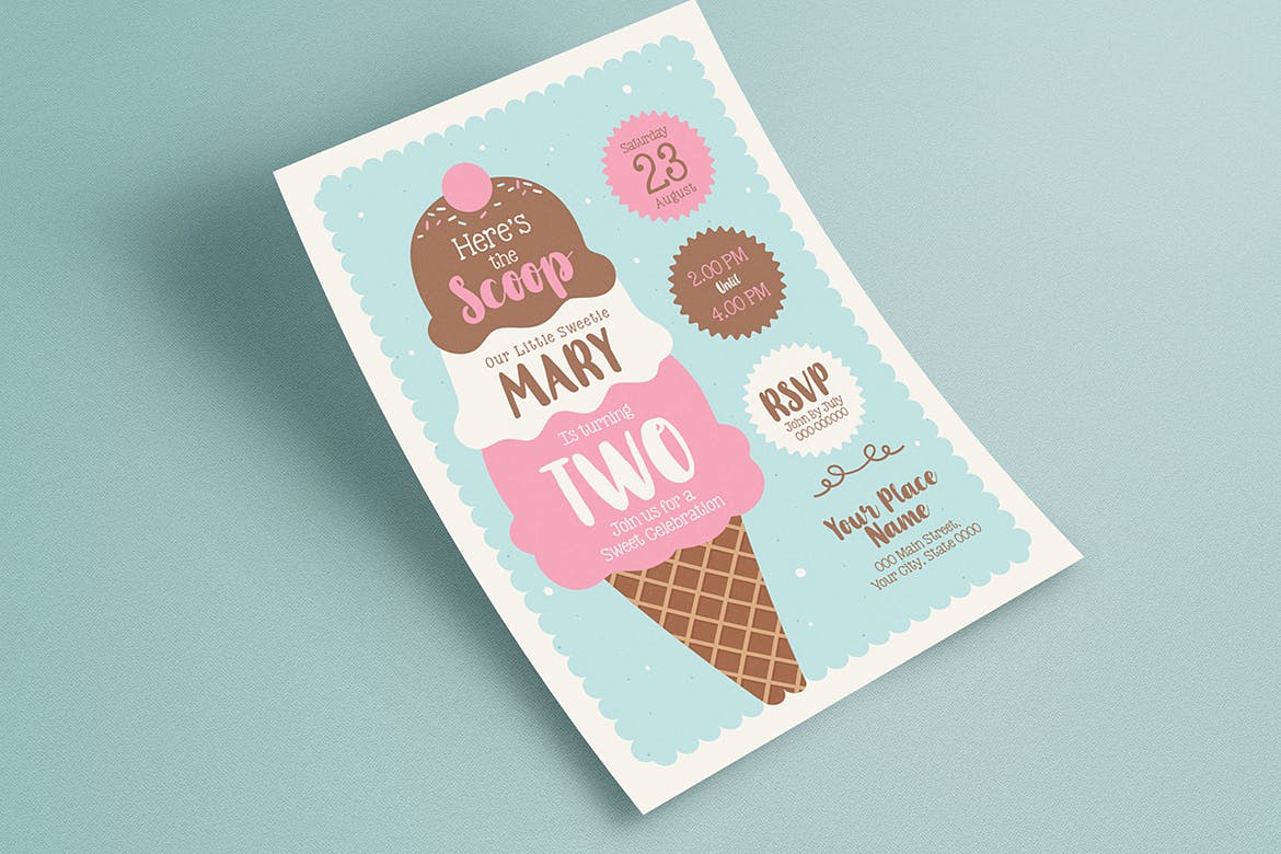 雪糕店周年庆邀请海报传单素材库精选PSD模板 Ice Cream Birthday Invitation插图(3)