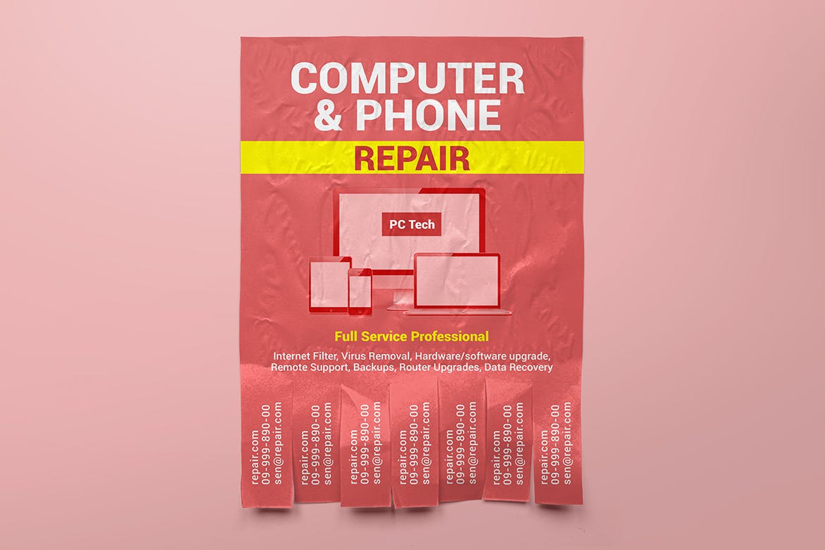 联系方式可撕下广告海报设计张贴效果图样机 Tear-off Ad Flyers Mockup插图(1)