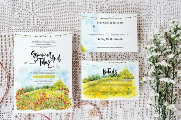 春天水彩风景主题婚礼邀请套装 Spring wedding invitation set