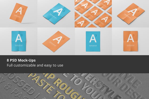 高分辨率带折痕海报样机模板 Poster Mock-Up插图(1)