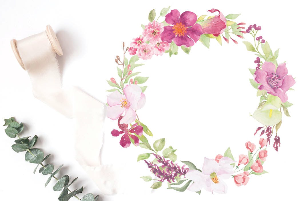 粉色手绘水彩花卉剪贴画素材库精选PNG素材 Watercolor Mini Bundle in Hot Pink插图(1)