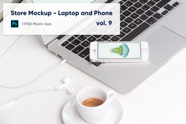 零售店场景笔记本电脑&amp;手机屏幕预览素材库精选样机模板v9 Laptop and Phone Mockup in the Store – Vol. 9