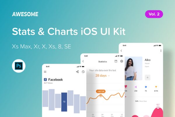 iOS平台数据统计APP应用交互界面设计PSD模板v2 Awesome iOS UI Kit – Stats &amp; Charts Vol. 2 (PSD)
