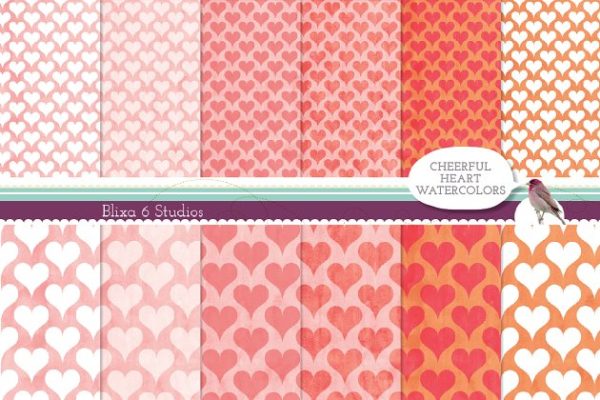 水彩爱心/红心无缝纸质背景 Cheerful Heart Watercolor Papers
