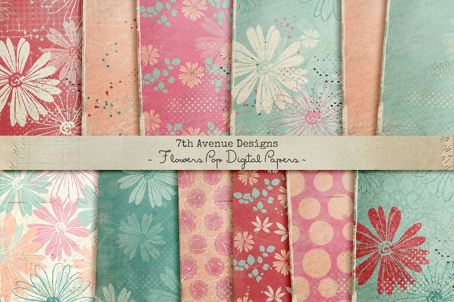 热门包装设计花卉纸张纹理 Flowers Pop Digital Papers插图