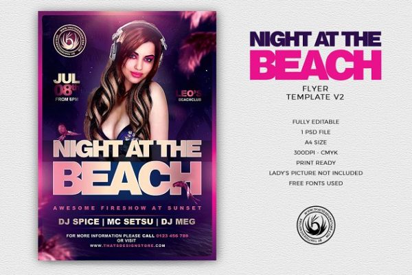 夜店俱乐部派对宣传海报PSD模板V2 Night at the Beach Flyer PSD V2