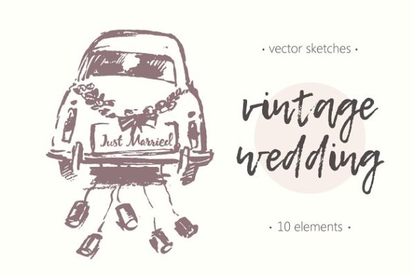 复古婚纱车素描图形 Wedding old fashioned cars