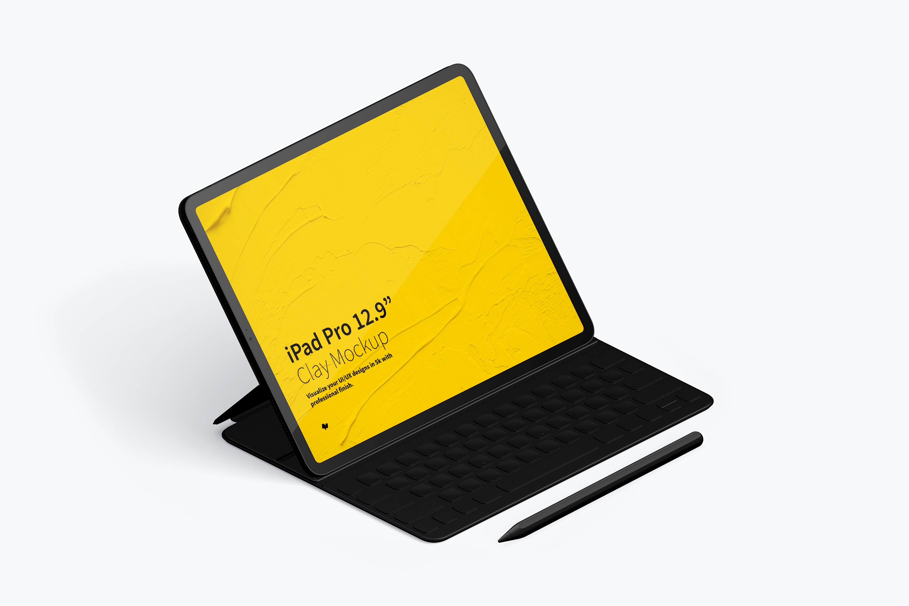 附带键盘iPad Pro平板电脑UI设计效果图左视图样机 Clay iPad Pro 12.9” Mockup, Isometric Left View With Keyboard插图(2)