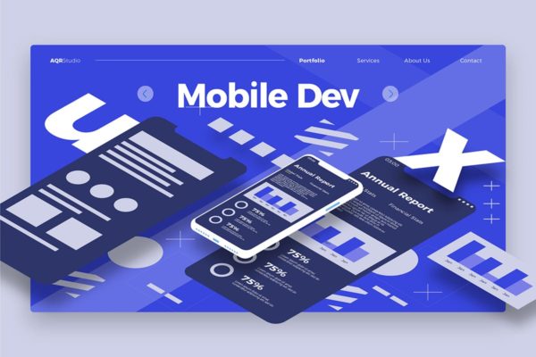 移动APP开发插画网站Banner＆着陆页设计模板v2 Mobile Dev 2 – Banner &amp; Landing Page