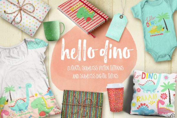 恐龙主题剪贴画无缝矢量图案纹理 Hello Dino Collections