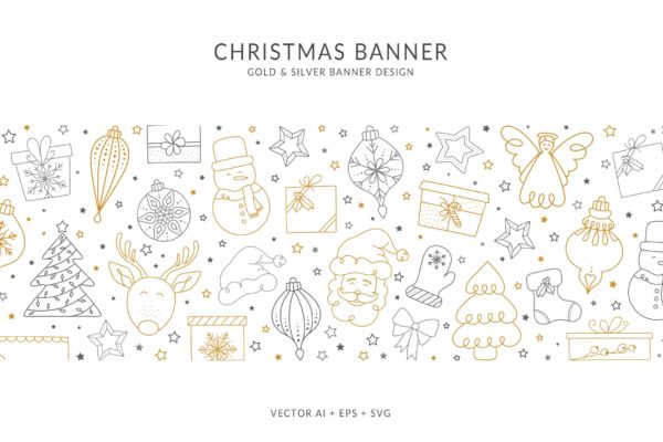 不同圣诞元素组合圣诞主题横幅Banner矢量设计 Christmas Banner with different Christmas Elements