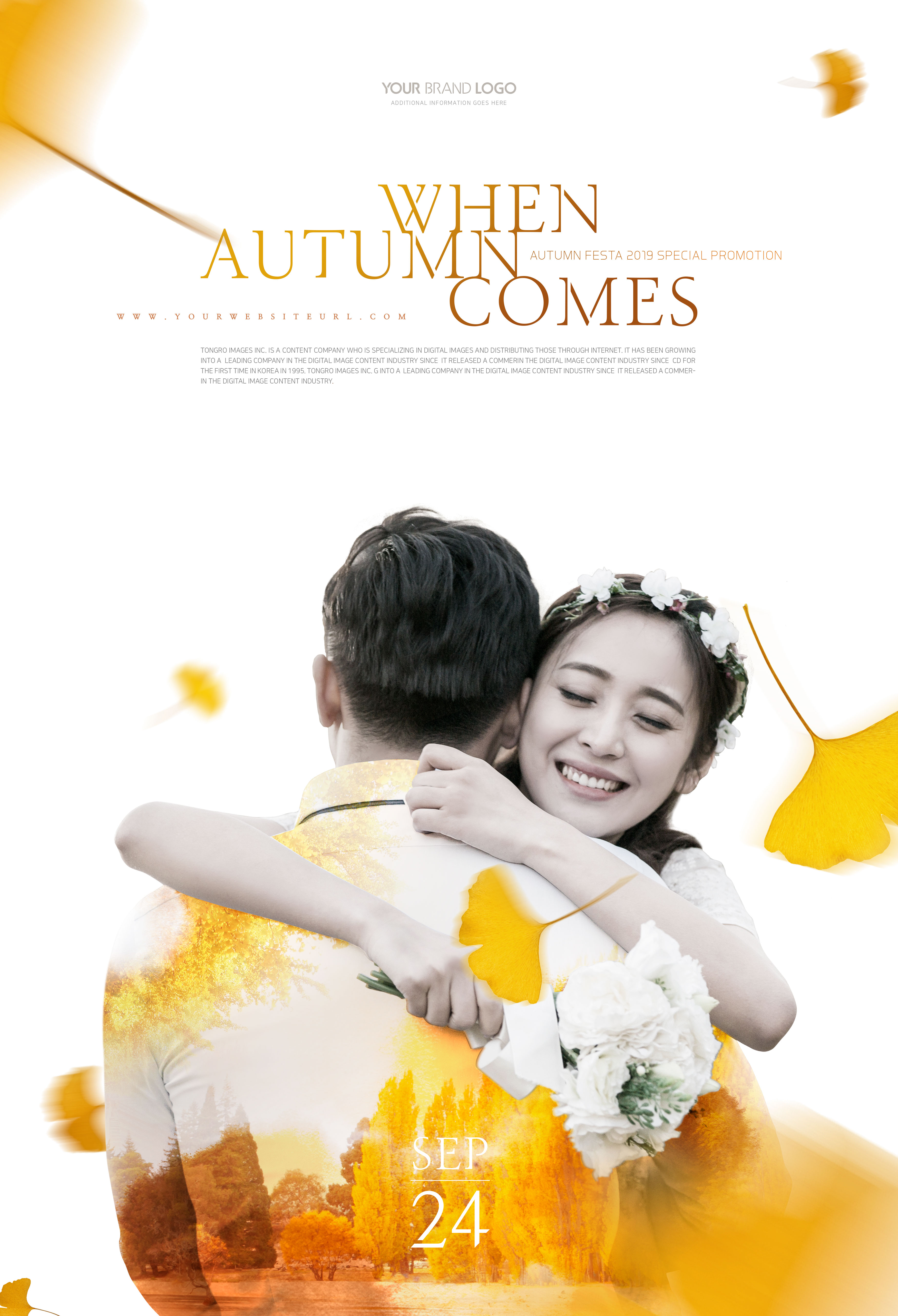 浪漫秋季婚礼双重曝光人物海报模板插图
