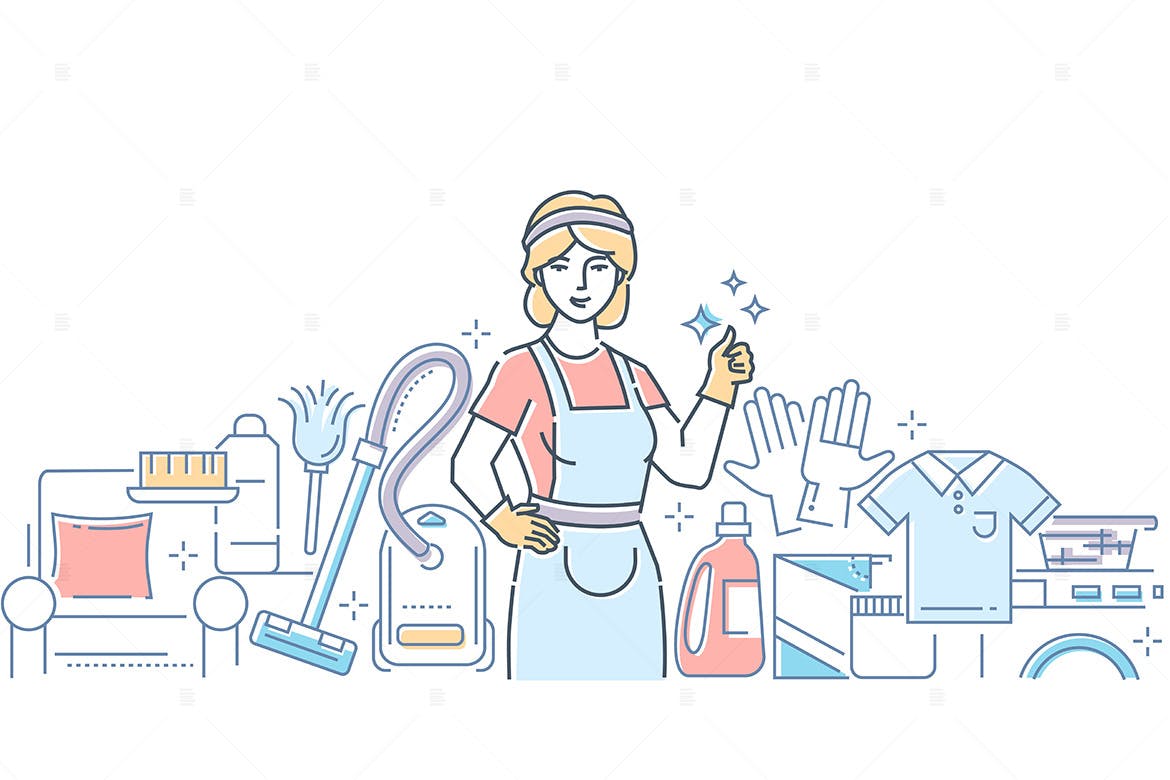 清洁家政服务主题线条艺术风格矢量插画素材库精选 Cleaning service – line design style illustration插图(1)