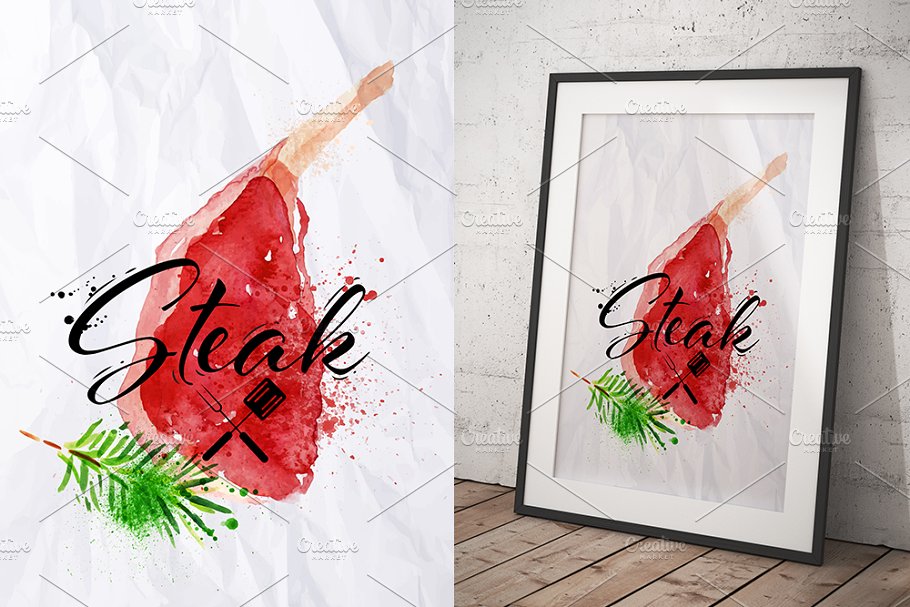 牛排/鱼排/鸡排等肉类水彩矢量插画 Set watercolor steak插图(2)