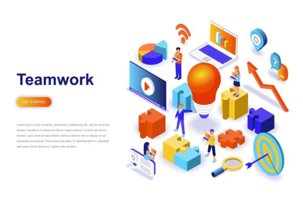 团队协作等距概念插画 Teamwork Isometric Concept