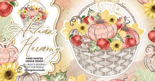 南瓜&amp;苹果水彩剪贴画设计素材 Autumn Harmony design