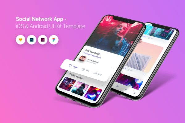 社交媒体网上交友APP应用UI套件 Social Network App iOS &amp; Android UI Kit Template