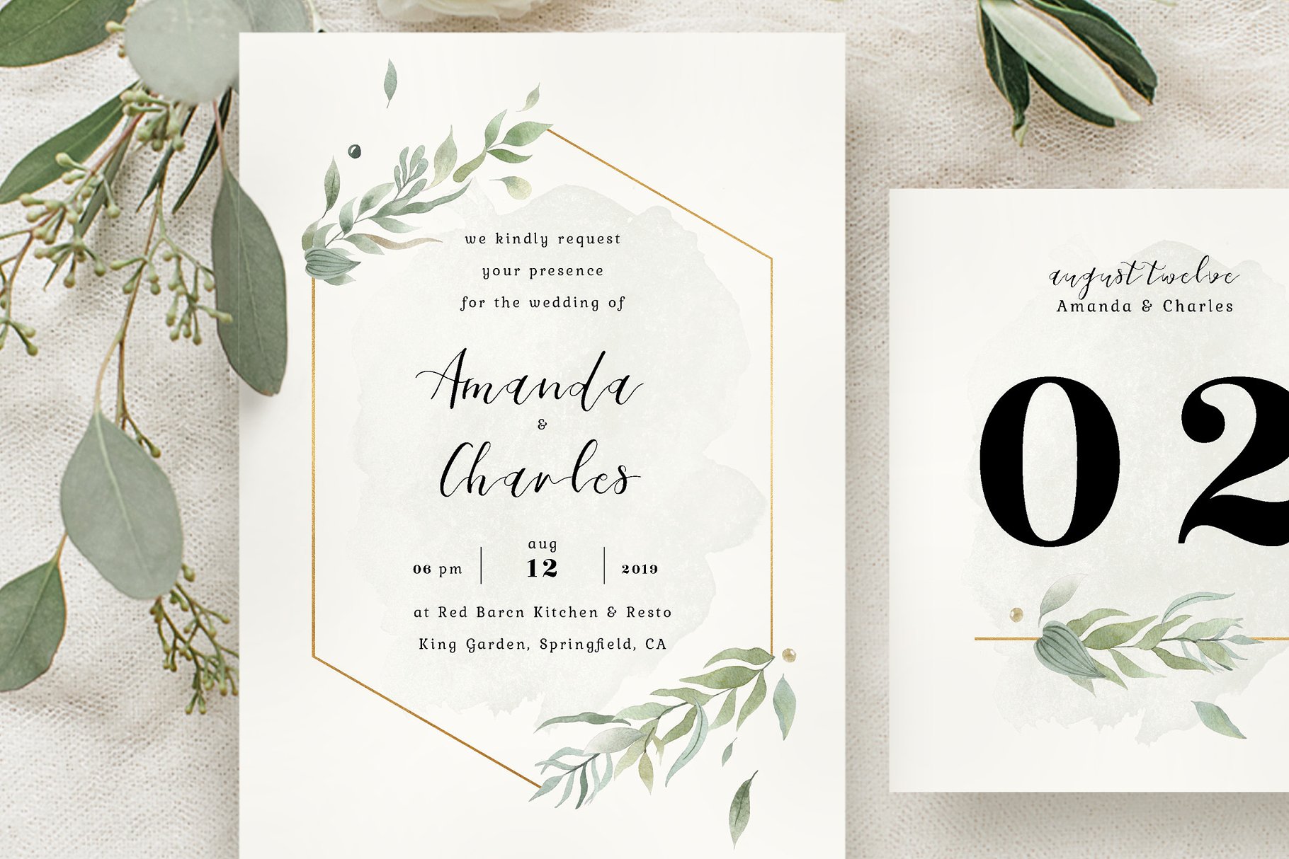 黄金几何线条水彩风婚礼邀请函设计套件 Modern Gold Foliage Wedding Suite插图(3)