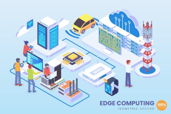 边缘计算技术等距矢量素材库精选科技概念插画 Isometric Edge Computing Technology Vector Concept