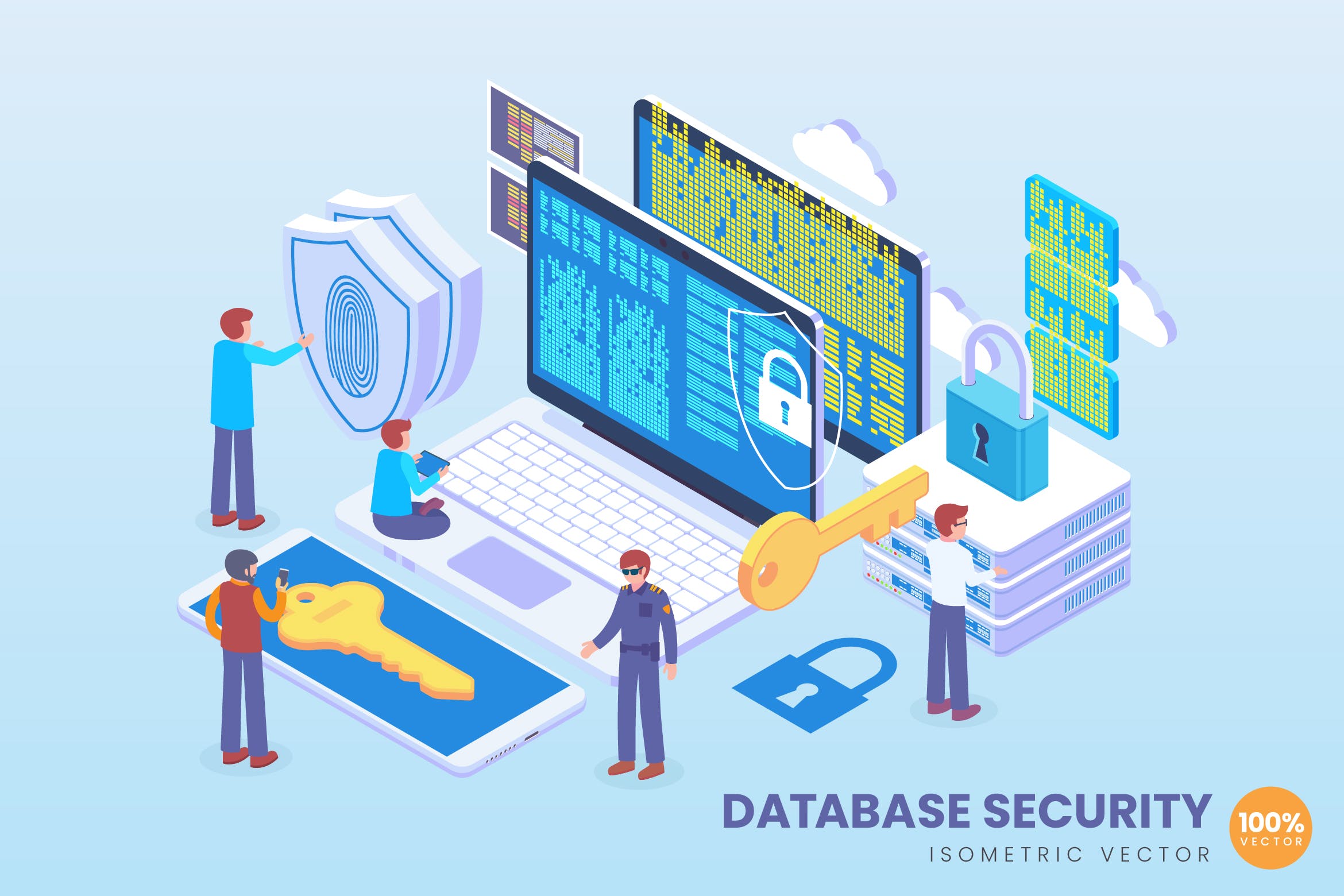 数据库安全等距矢量科技素材库精选概念插画v1 Isometric Database Security Vector Concept插图