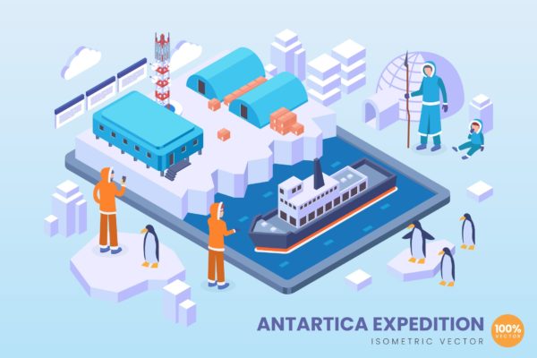 南极探险队主题等距矢量素材库精选科技概念插画 Isometric Antartica Expedition Vector Concept
