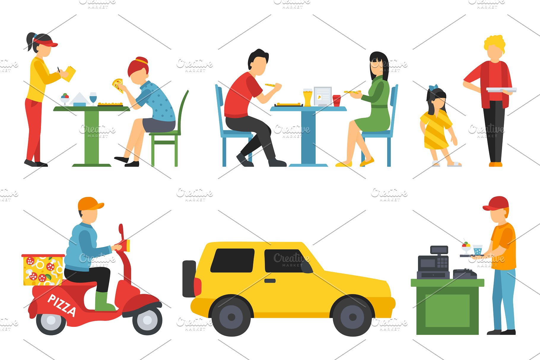各式职业人员吃披萨形象扁平化设计矢量插画 Pizzeria – flat people set插图(5)