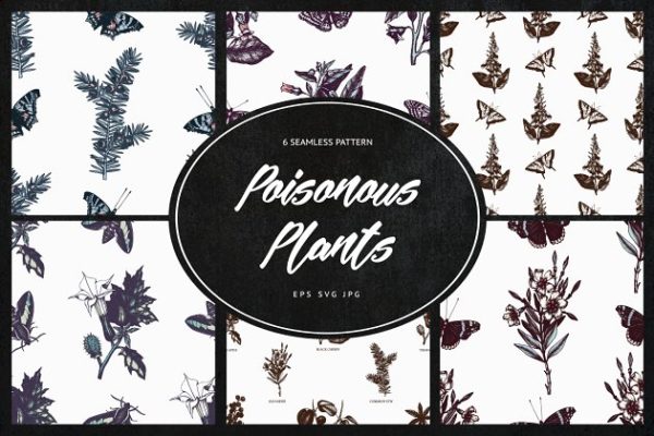 无缝有毒植物蝴蝶图案纹理 Poisonous Plants &amp; Flowers Patterns