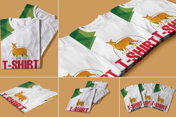 折叠圆领印花T恤服装样机 Folded Round-Neck T-Shirts Mockups