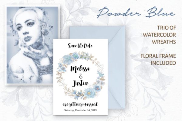 粉蓝色水彩花环剪贴画素材库精选PNG素材 Powder Blue Watercolor Wreaths