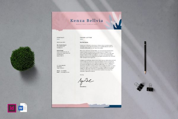 优雅水彩简约设计风格三页式个人简历设计模板 Professional CV Resume – 06