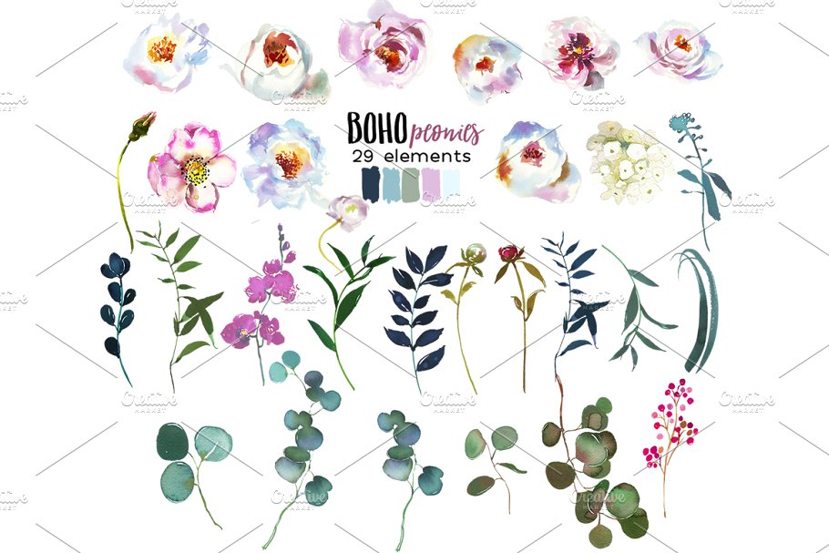 波西米亚风白色&粉色牡丹水彩剪贴画 Boho White Pink Peonies Watercolor插图(5)