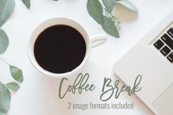 笔记本电脑，咖啡&amp;桉叶场景样机 Coffee, Laptop &amp; Eucalyptus | Stock