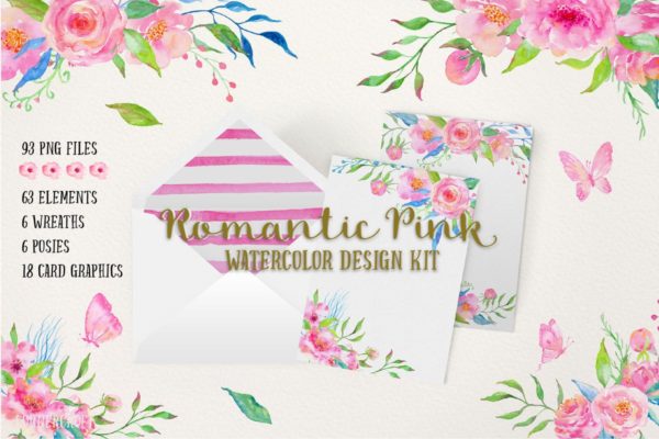 浪漫粉红色水彩插画设计素材合集 Watercolor Design Kit Romantic Pink